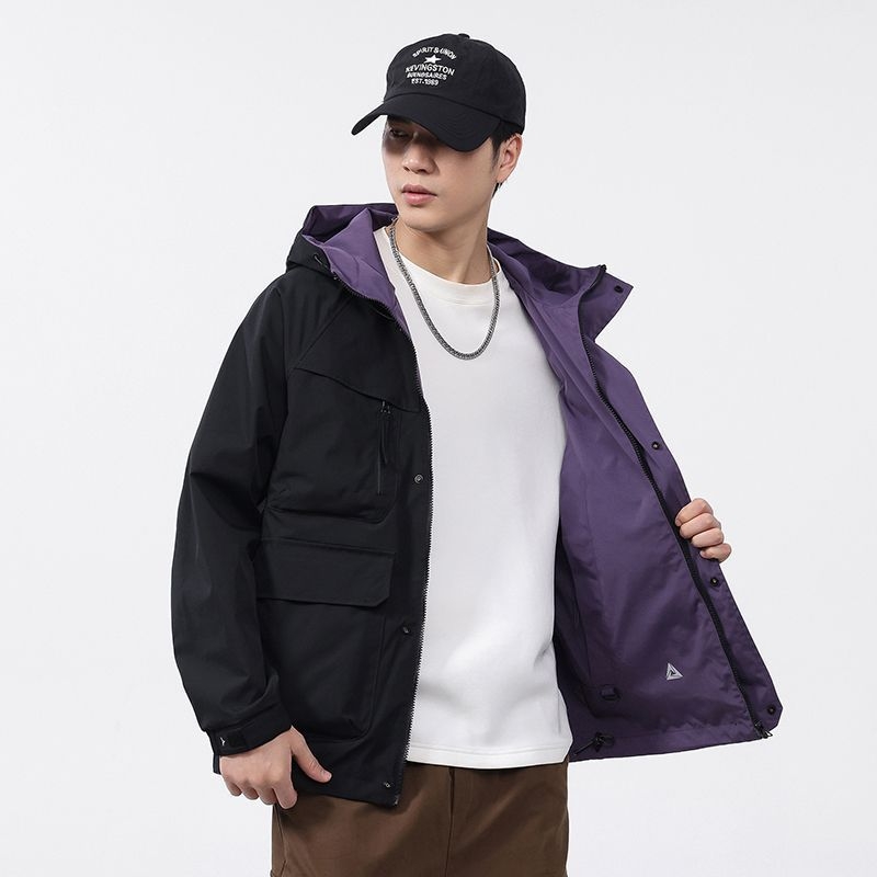 Muška dvostruko obostrana jakna s kapuljačom, vodootporna, na zip, s više džepova