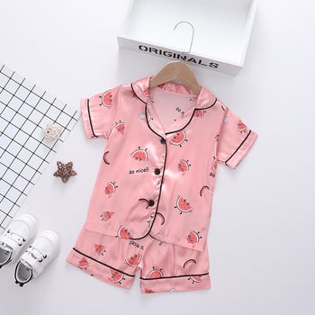 Unisex dječji kućni set pidžama s karikaturom, Korejski stil, Ice Silk satin materijal, 100% poliester, ljeto 2025