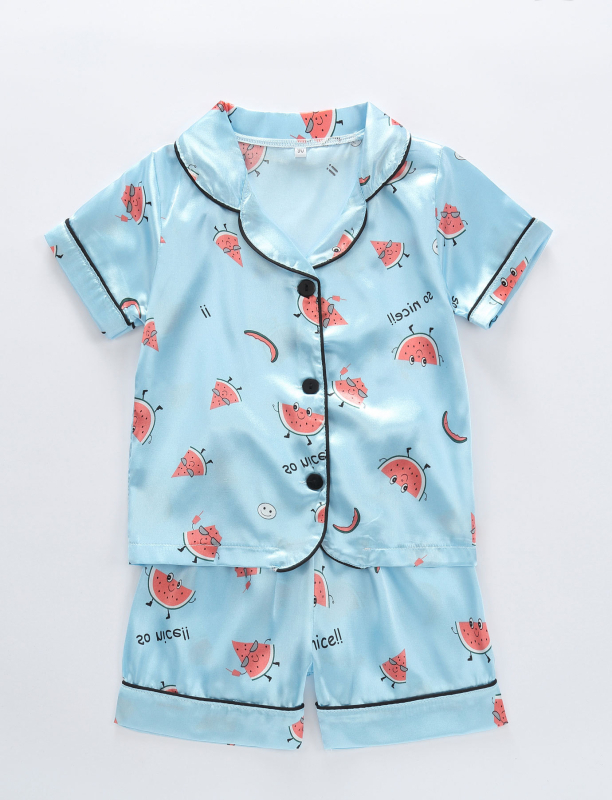 Unisex dječji kućni set pidžama s karikaturom, Korejski stil, Ice Silk satin materijal, 100% poliester, ljeto 2025