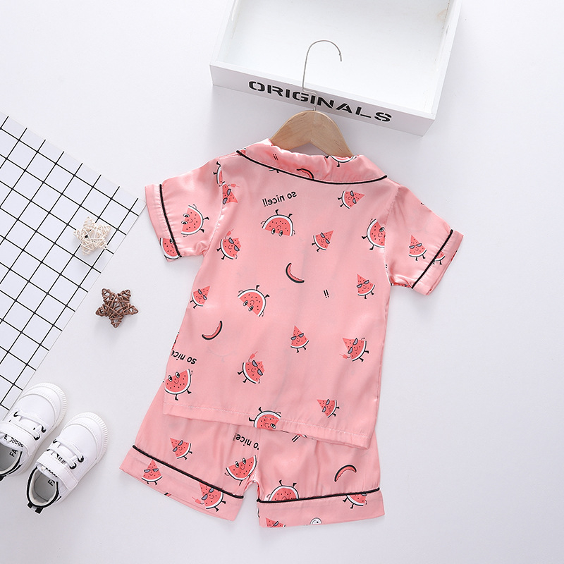 Unisex dječji kućni set pidžama s karikaturom, Korejski stil, Ice Silk satin materijal, 100% poliester, ljeto 2025