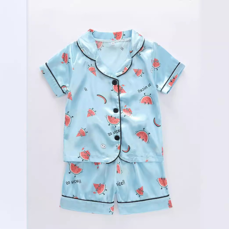 Unisex dječji kućni set pidžama s karikaturom, Korejski stil, Ice Silk satin materijal, 100% poliester, ljeto 2025