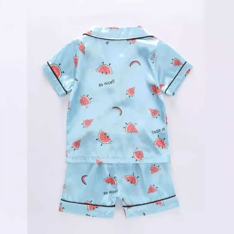 Unisex dječji kućni set pidžama s karikaturom, Korejski stil, Ice Silk satin materijal, 100% poliester, ljeto 2025