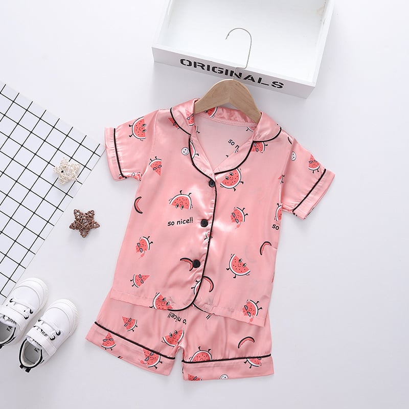 Unisex dječji kućni set pidžama s karikaturom, Korejski stil, Ice Silk satin materijal, 100% poliester, ljeto 2025