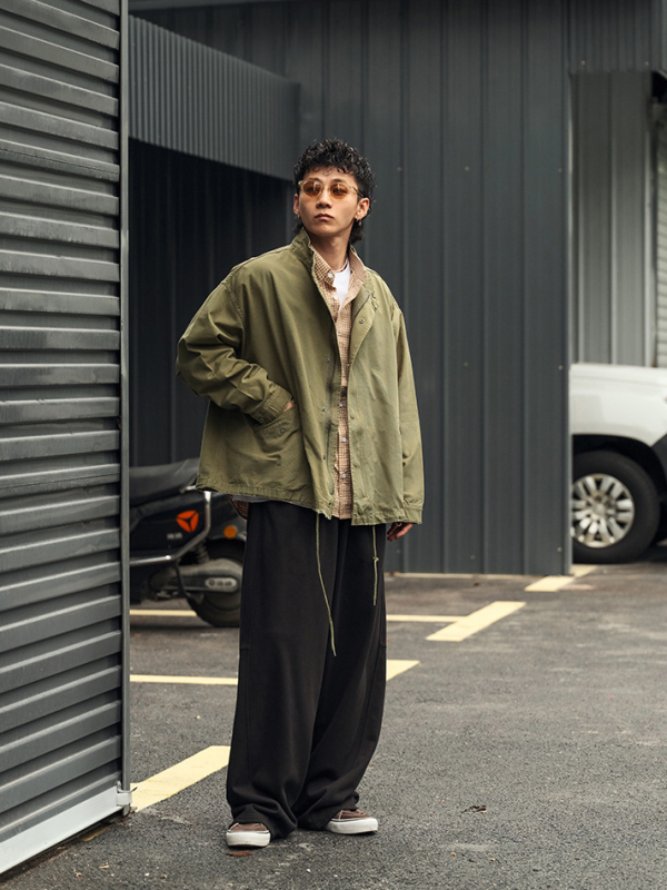 Transient Unisex radna jakna u vintage stilu s kariranim uzorkom, stojeći ovratnik, širok kroj, više džepova