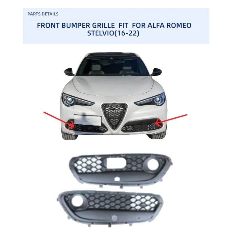 Prednja rešetka branika za Alfa Romeo Stelvio (2017+), materijal PP, montaža u braniku, broj dijela 156125964 i 156125970.
