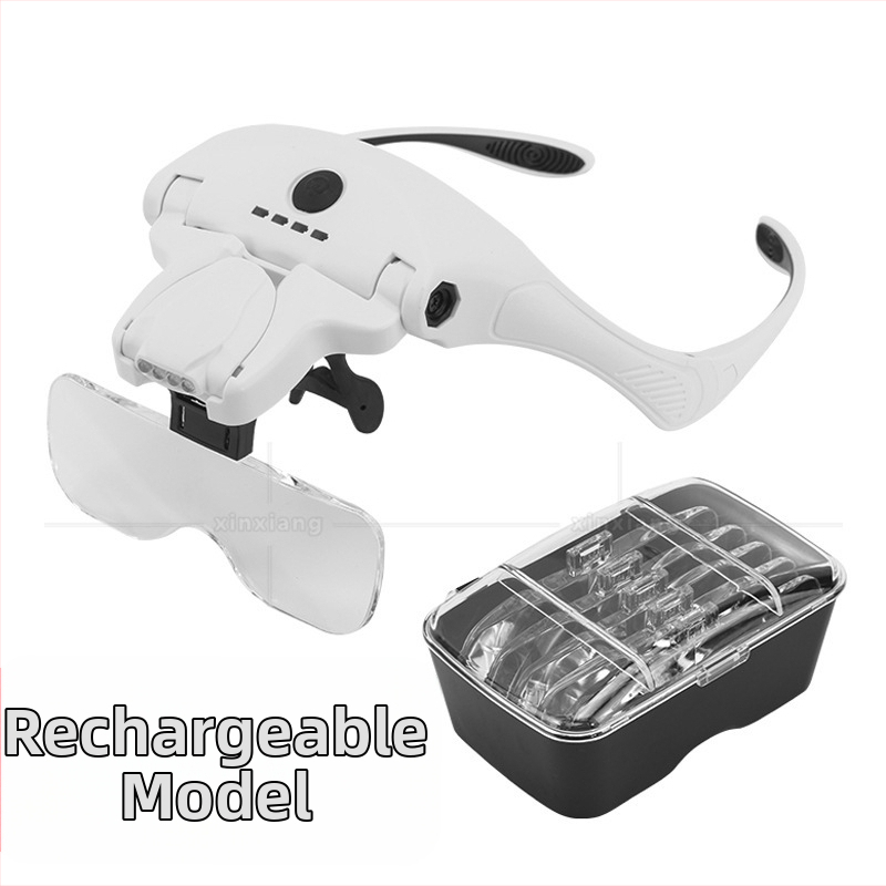 Náhlavná lupa na opravu hodín, s 4 LED, nabíjateľná, päťskupinový optický systém šošoviek