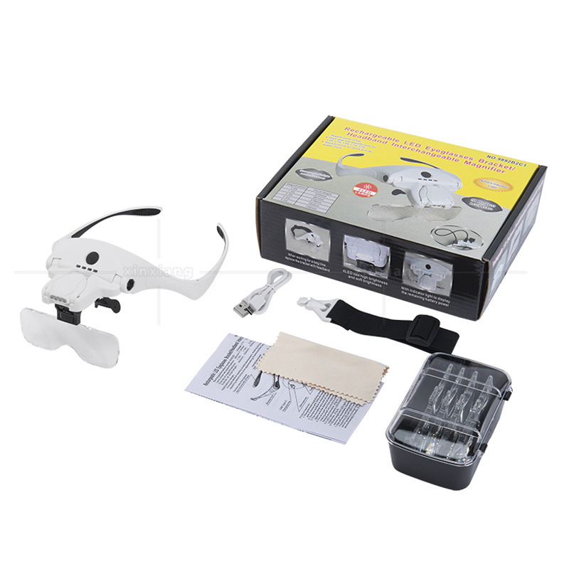 Лупа за ремонт на часовници с глава, с 4 LED осветления, презареждаща се, пет групи оптични лещи