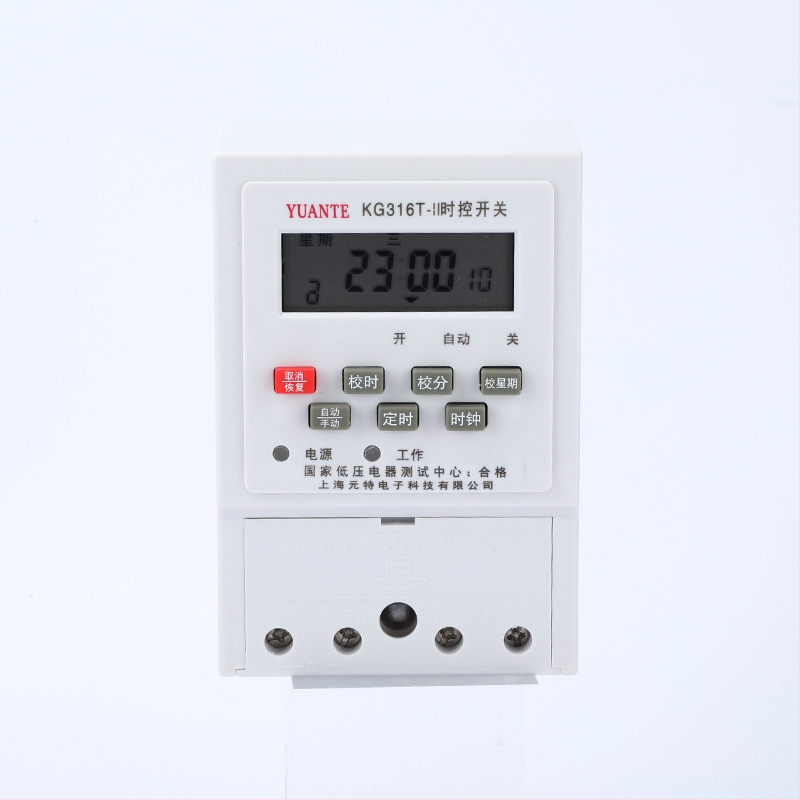 Kg316T-D Таймер за управление на времето за 220V улично осветление — разстояние между монтажните отвори 118×72 мм; панел: огнеупорен поликарбонат; медна пластина: мед