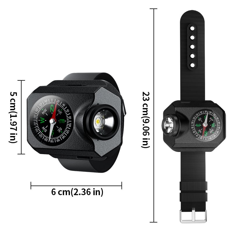 Φως LED καρπού με πυξίδα για υπαίθριες δραστηριότητες – ABS, 500 mAh πολυμερή μπαταρία, 5W, LED, εμβέλεια 100–200 μ