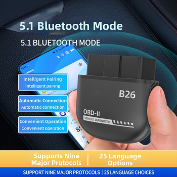 Automobilový diagnostický prístroj, model B-26, kompatibilný s 12V benzínovymi autami, napätie 5–28V, prevádzková teplota -10°C až 60°C