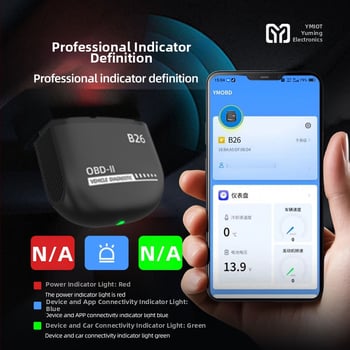 Automobilový diagnostický prístroj, model B-26, kompatibilný s 12V benzínovymi autami, napätie 5–28V, prevádzková teplota -10°C až 60°C