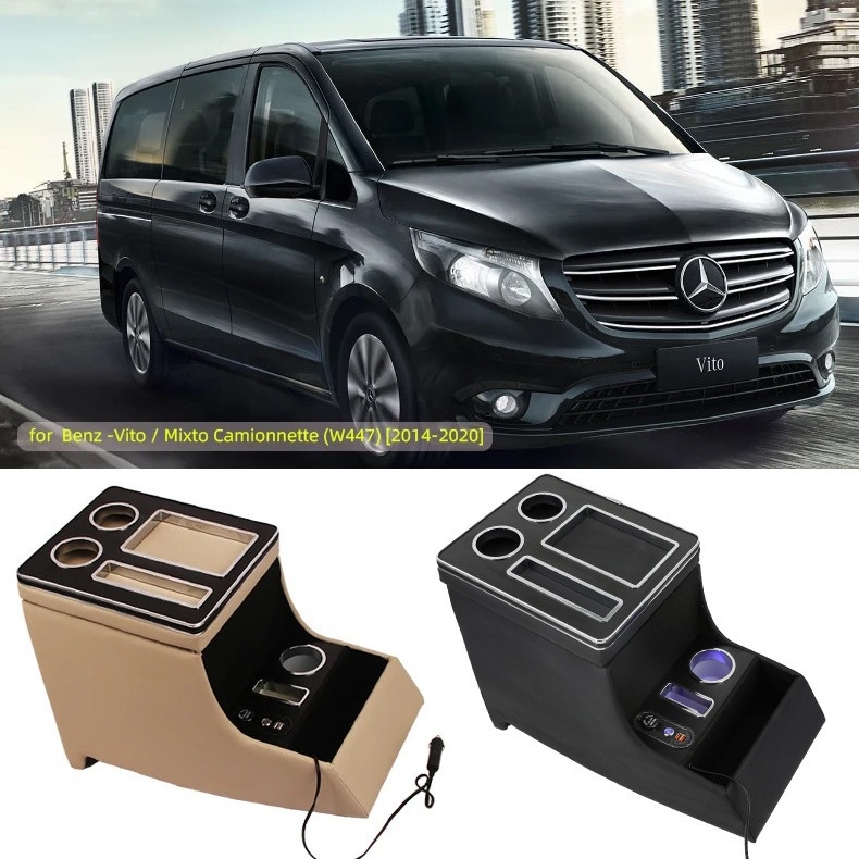 Mercedes-Benz Vito W447 (2014–2020) karfás tárolódoboz vezeték nélküli gyorstöltéssel és USB interfésszel – bőr