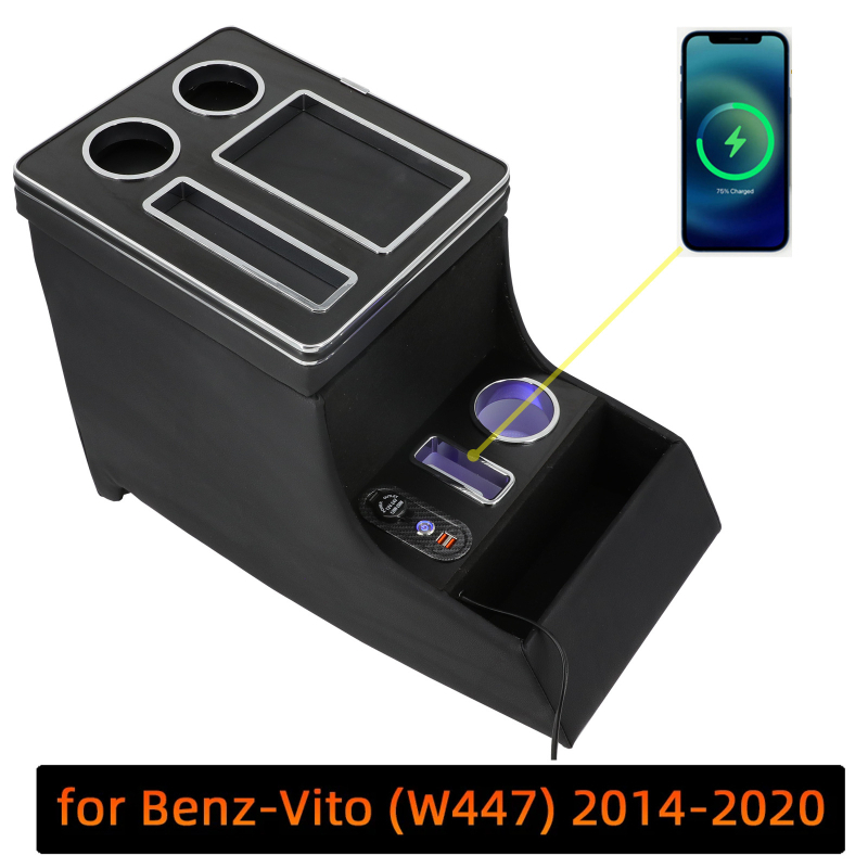 Mercedes-Benz Vito W447 (2014–2020) karfás tárolódoboz vezeték nélküli gyorstöltéssel és USB interfésszel – bőr