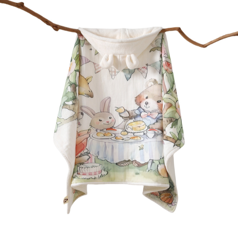 Prosop de baie cu glugă pentru bebeluți – bumbac, velur absorbent, model cartoon, greutate 500 g sau mai mult, brand Yipin