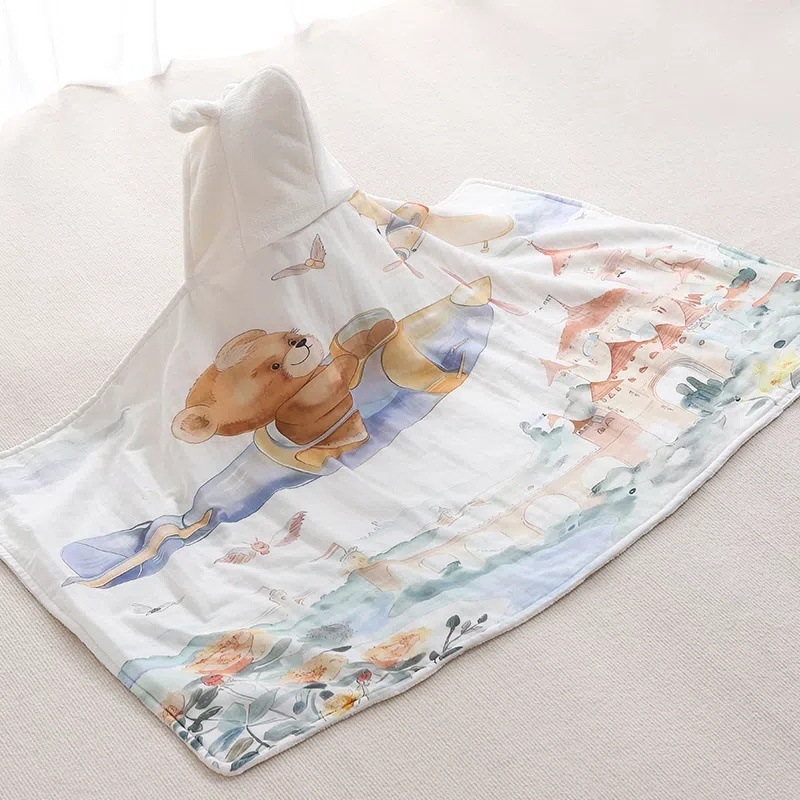 Prosop de baie cu glugă pentru bebeluți – bumbac, velur absorbent, model cartoon, greutate 500 g sau mai mult, brand Yipin
