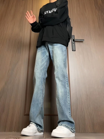 Muške traperice srednje visine, ravne nogavice s blagim povećanjem, zatvarač, pamuk denim