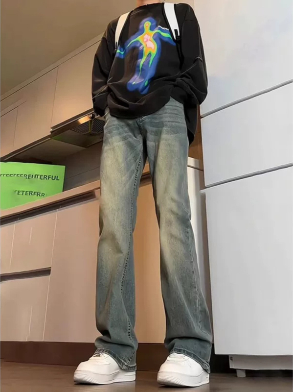 Muške traperice srednje visine, ravne nogavice s blagim povećanjem, zatvarač, pamuk denim