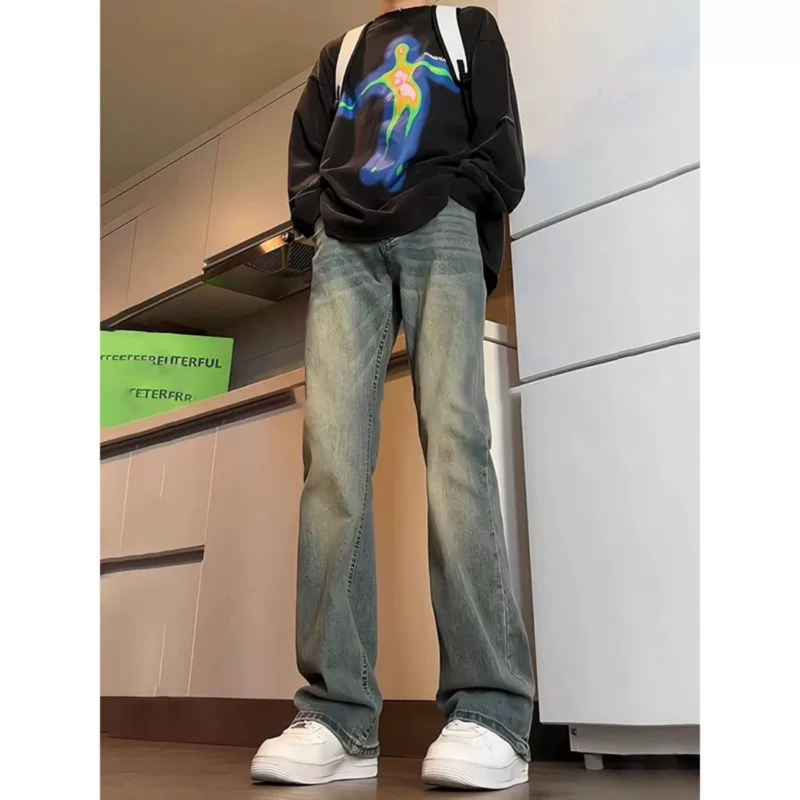 Muške traperice srednje visine, ravne nogavice s blagim povećanjem, zatvarač, pamuk denim