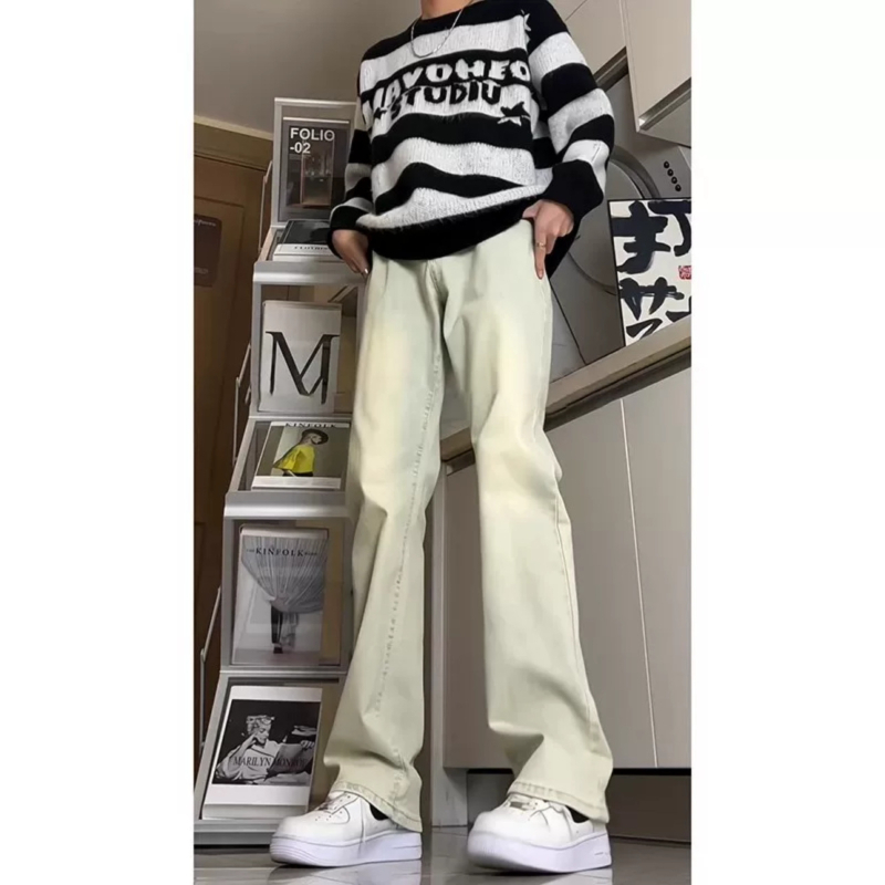 Muške traperice srednje visine, ravne nogavice s blagim povećanjem, zatvarač, pamuk denim