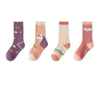 Șosete pentru copii, groase, căptușite cu fleece, lungi până la genunchi, 100% bumbac, model jacquard cu personaje animate, ambalaj 4 perechi
