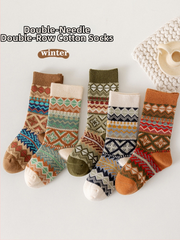 Dječje pamučne čarape srednje duljine s jacquard etničkim uzorkom, dvobojne