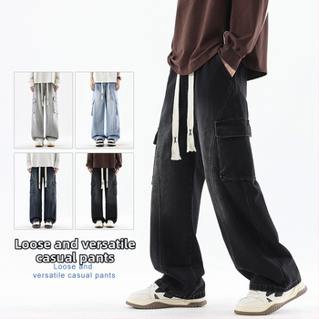 Muške traperice u stilu radnog odijevanja, široke cargo hlače s patch dizajnom, pamuk 78%