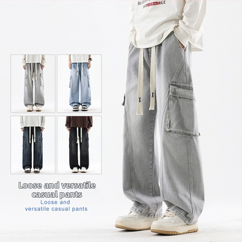 Muške traperice u stilu radnog odijevanja, široke cargo hlače s patch dizajnom, pamuk 78%