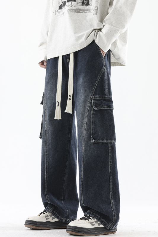 Muške traperice u stilu radnog odijevanja, široke cargo hlače s patch dizajnom, pamuk 78%