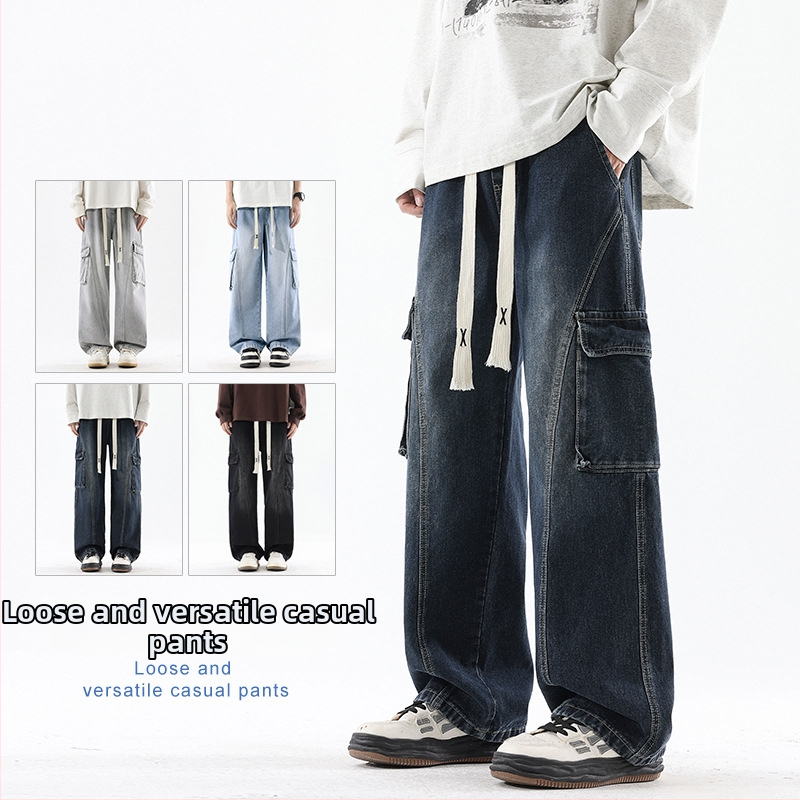 Muške traperice u stilu radnog odijevanja, široke cargo hlače s patch dizajnom, pamuk 78%