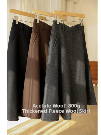 Vunena kišobran suknja, visoki pojas, srednja duljina, debela flis podstava, jednobojna, mikroelastična, acetatni sadržaj