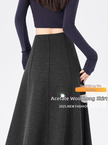 Duga A-linijska suknja od vunene smjese, jednofarbni uzorak, mikroelastičnost, zimsko izdanje 2025