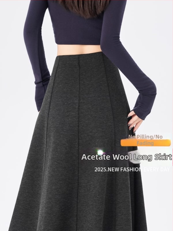 Duga A-linijska suknja od vunene smjese, jednofarbni uzorak, mikroelastičnost, zimsko izdanje 2025