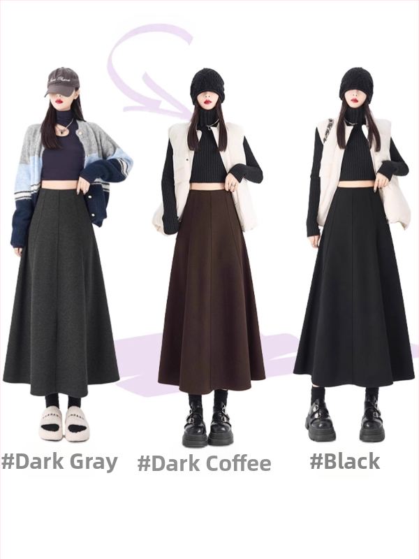 Duga A-linijska suknja od vunene smjese, jednofarbni uzorak, mikroelastičnost, zimsko izdanje 2025