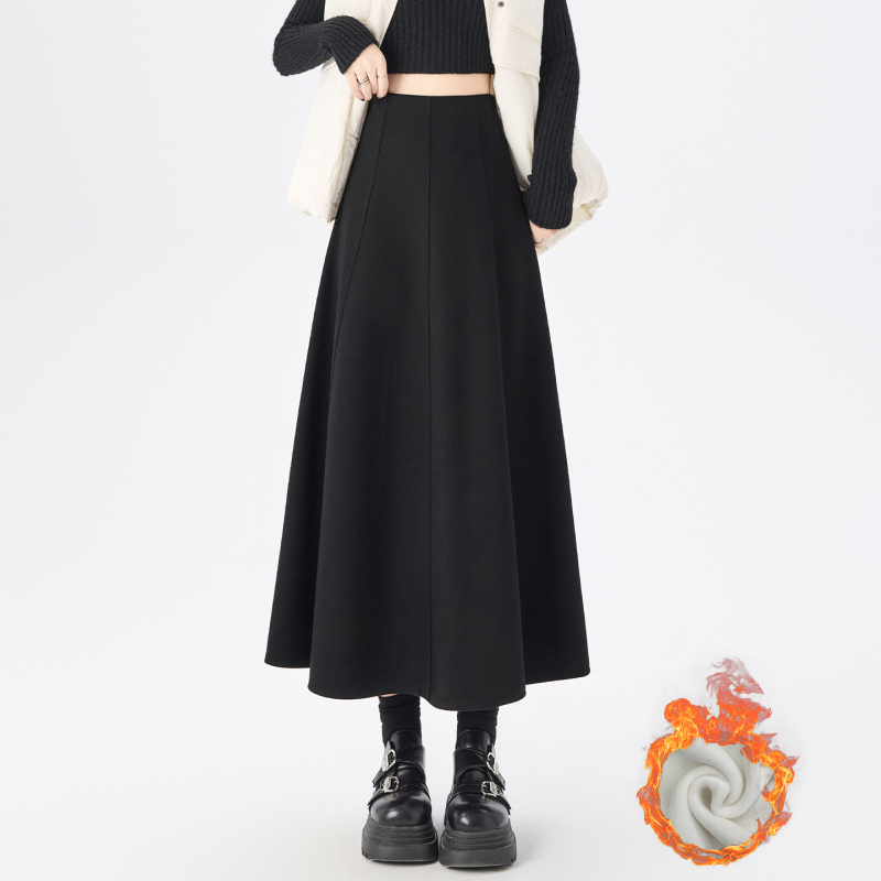 Duga A-linijska suknja od vunene smjese, jednofarbni uzorak, mikroelastičnost, zimsko izdanje 2025