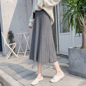 Pletena suknja A-linije, midi duljine, plisirana, visokim strukom, mikroelastična, mješavina poliestera i akrila