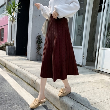 Pletena suknja A-linije, midi duljine, plisirana, visokim strukom, mikroelastična, mješavina poliestera i akrila