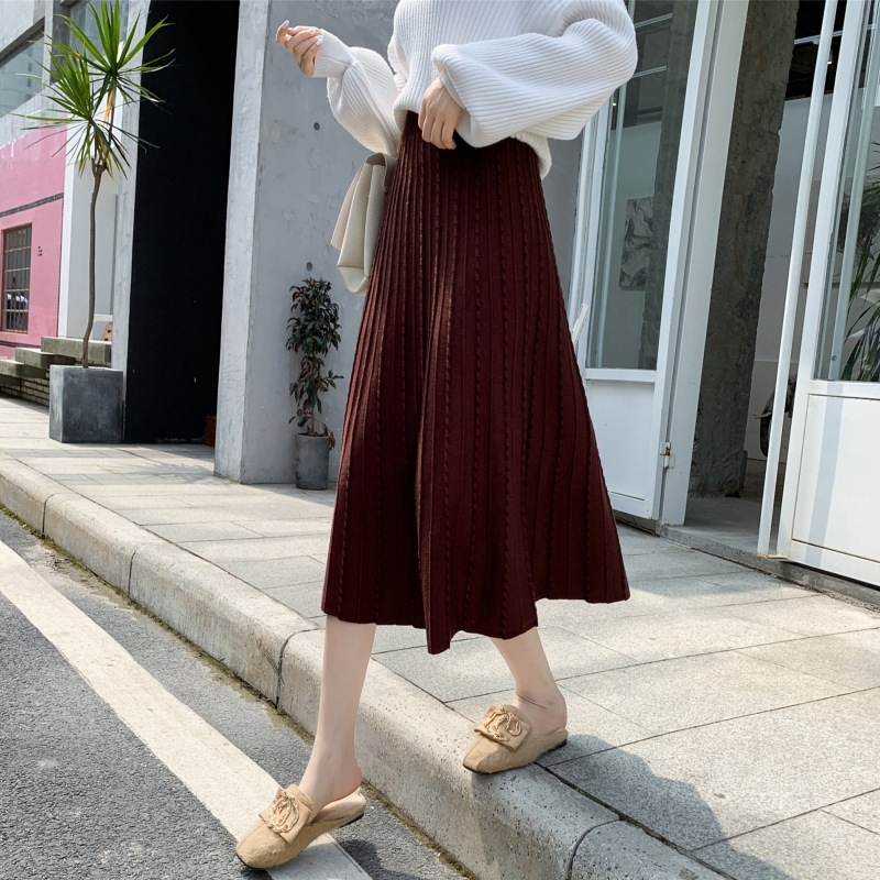 Pletena suknja A-linije, midi duljine, plisirana, visokim strukom, mikroelastična, mješavina poliestera i akrila