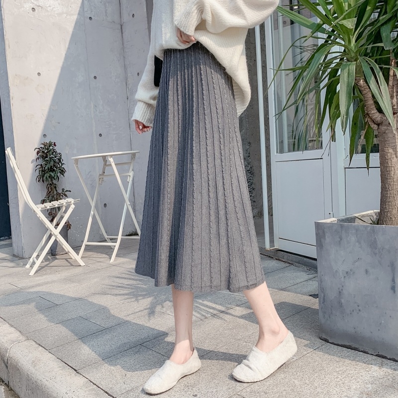 Pletena suknja A-linije, midi duljine, plisirana, visokim strukom, mikroelastična, mješavina poliestera i akrila