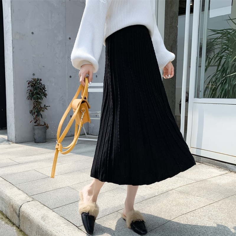 Pletena suknja A-linije, midi duljine, plisirana, visokim strukom, mikroelastična, mješavina poliestera i akrila