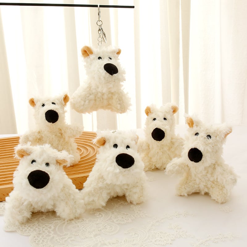 Плюшено кученце-кукла с висулка за раница и ключодържател, къс плюш, пълнеж от PP памук