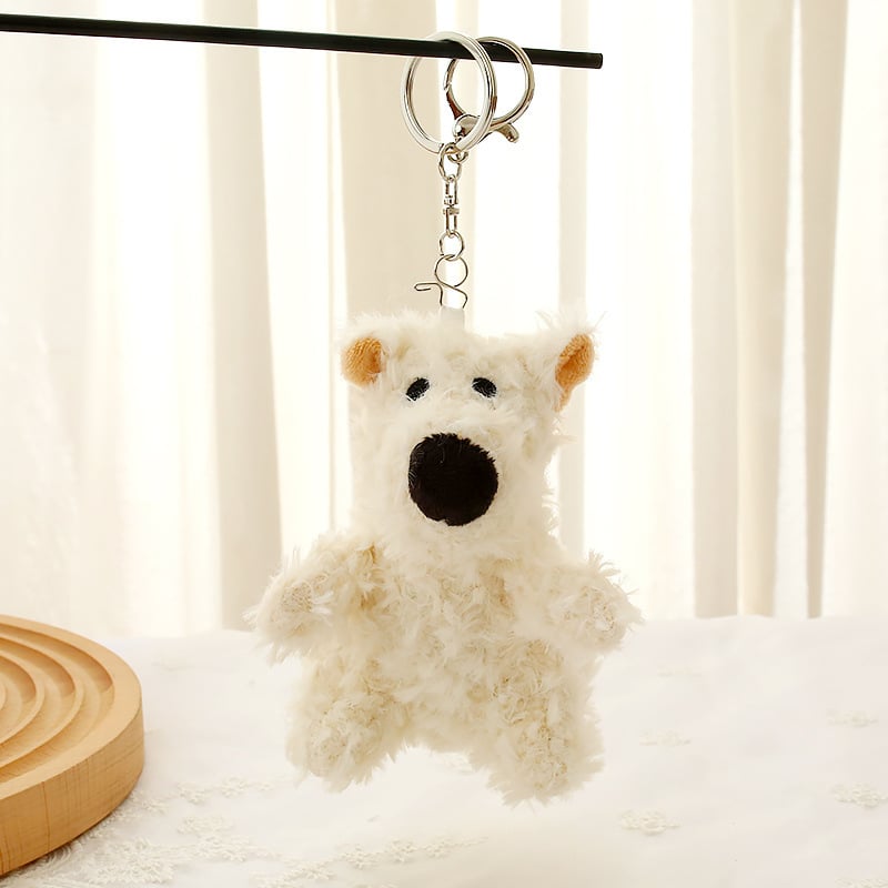 Плюшено кученце-кукла с висулка за раница и ключодържател, къс плюш, пълнеж от PP памук