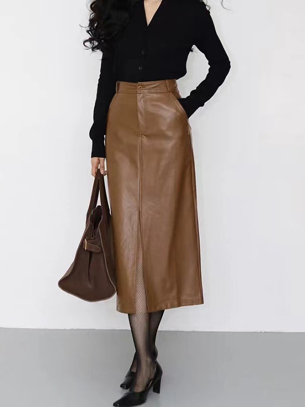 Suknja od prave ovčje kože, A‑linija, prednji prorez, elastični pojas, visok pojas, srednja duljina