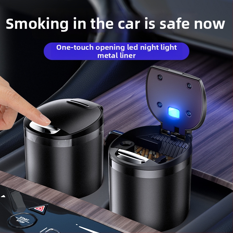 Τασάκι αυτοκινήτου μοντέλο T03 με καπάκι που ανοίγει με ένα πάτημα, φωτιζόμενο, αντιδιαρροικό, κατάλληλο για αυτοκίνητο, σπίτι ή γραφείο