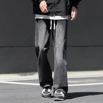 Muške traperice s ravnim krojem, srednji dio struka, elastični pojas, opran retro stil, 100% poliester (zimski ležerni stil)