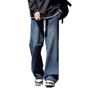 Muške traperice s ravnim krojem, srednji dio struka, elastični pojas, opran retro stil, 100% poliester (zimski ležerni stil)