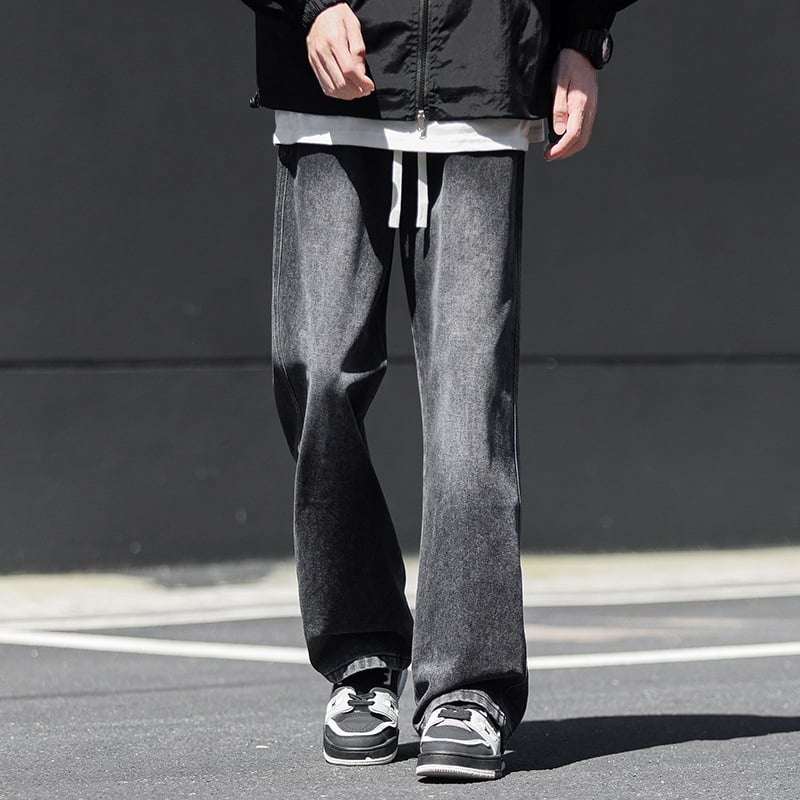 Muške traperice s ravnim krojem, srednji dio struka, elastični pojas, opran retro stil, 100% poliester (zimski ležerni stil)