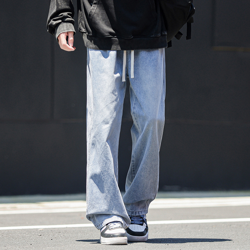 Muške traperice s ravnim krojem, srednji dio struka, elastični pojas, opran retro stil, 100% poliester (zimski ležerni stil)