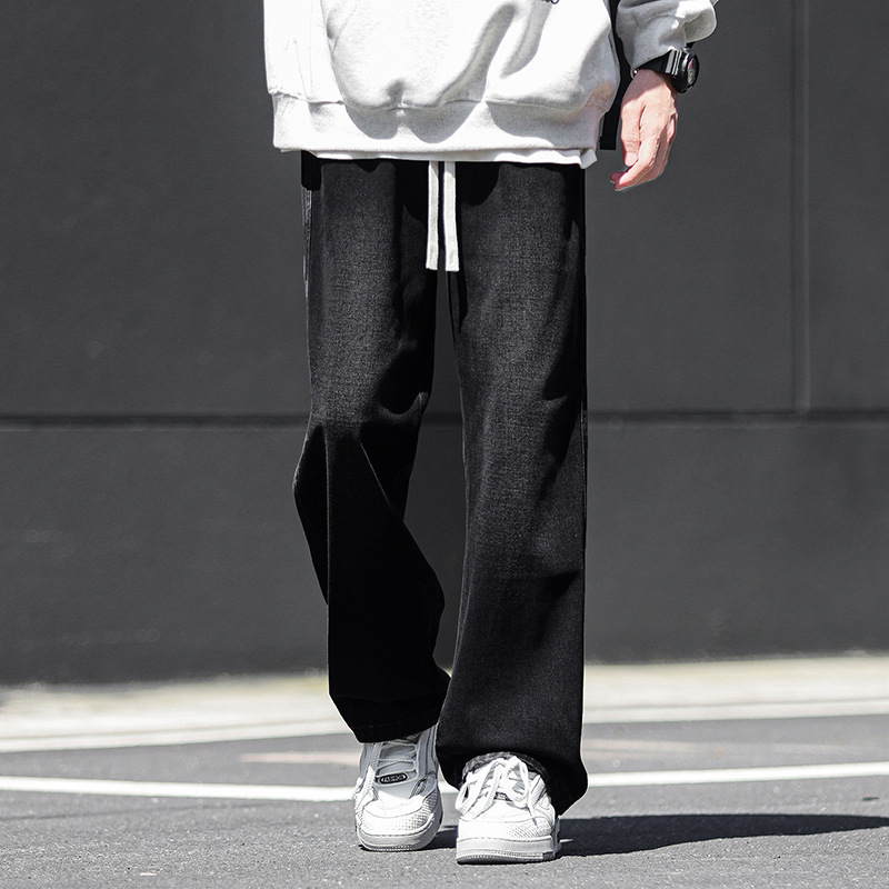 Muške traperice s ravnim krojem, srednji dio struka, elastični pojas, opran retro stil, 100% poliester (zimski ležerni stil)