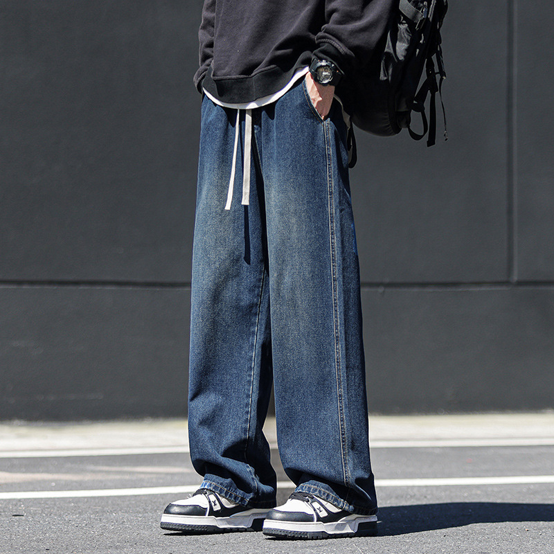 Muške traperice s ravnim krojem, srednji dio struka, elastični pojas, opran retro stil, 100% poliester (zimski ležerni stil)