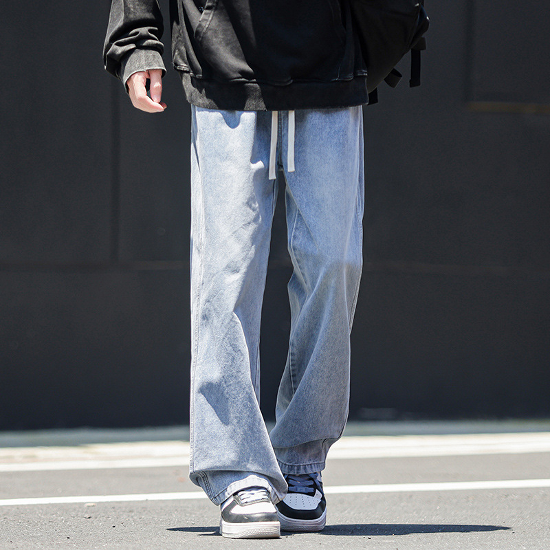 Muške traperice s ravnim krojem, srednji dio struka, elastični pojas, opran retro stil, 100% poliester (zimski ležerni stil)